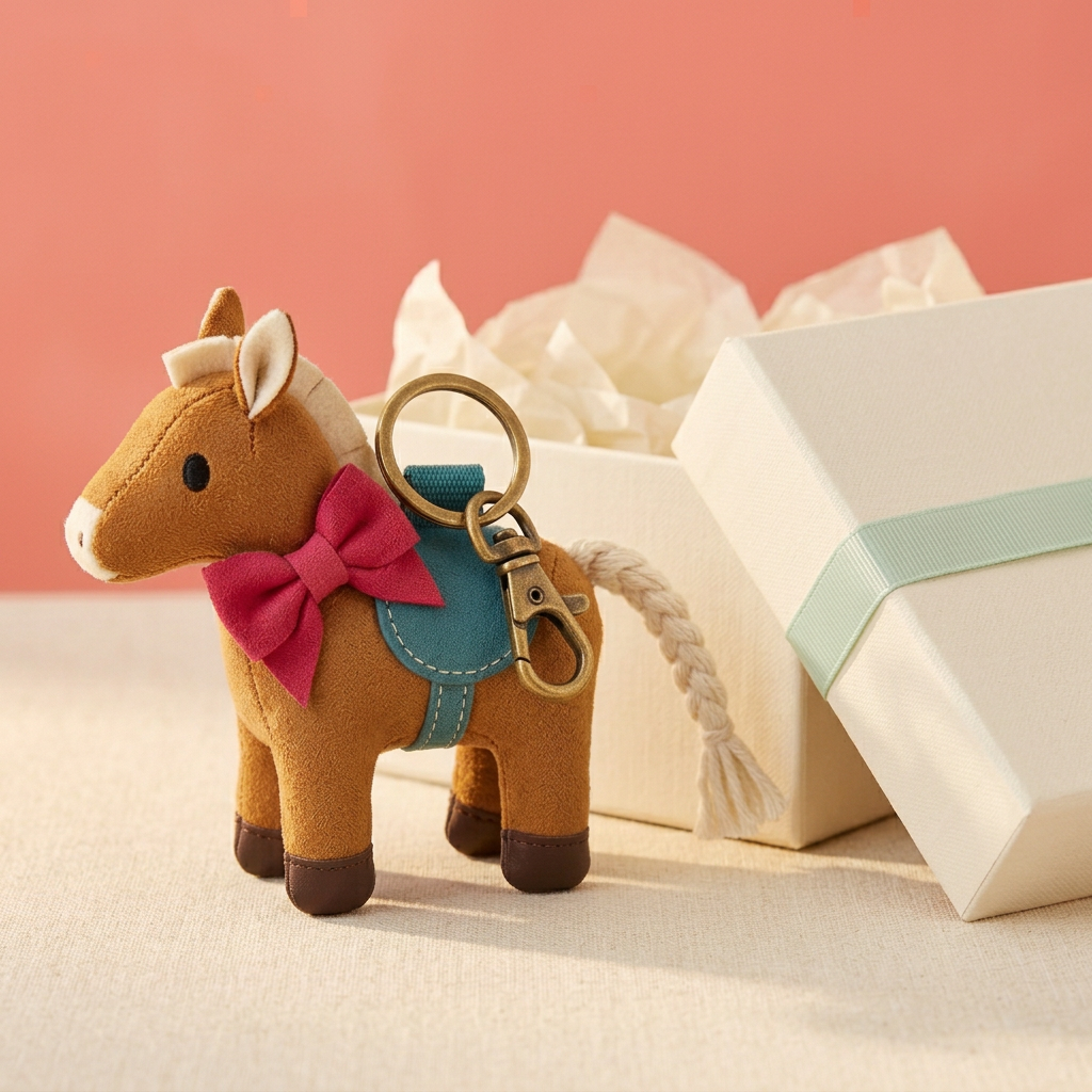 Ribbon Pony beside open logo-free ivory box and mint ribbon