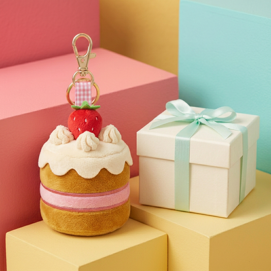 Strawberry Cloud Cake charm beside unbranded ivory mint-ribbon gift box