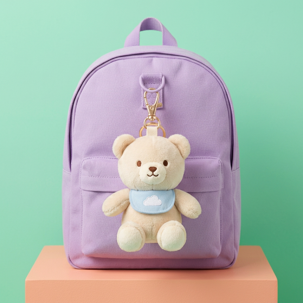 Cloud Cuddle Bear clipped to lavender backpack