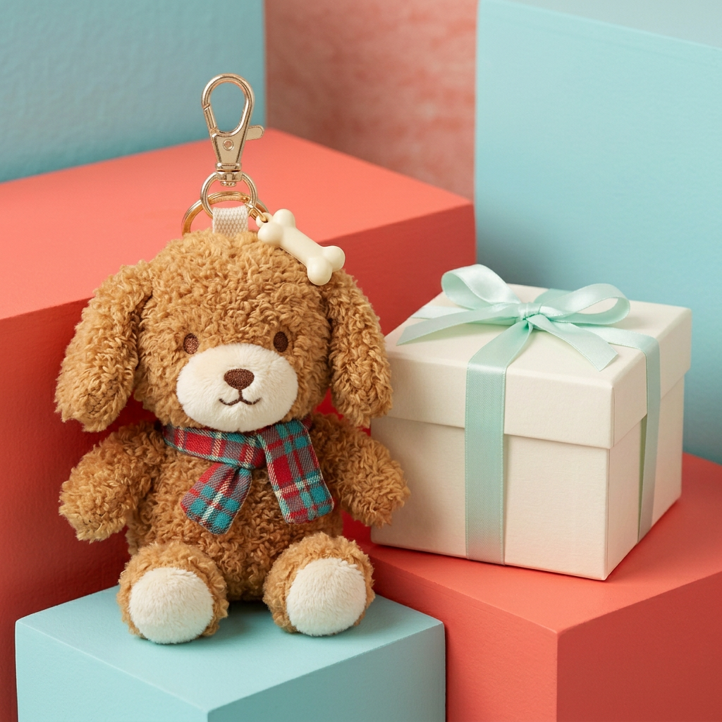 Caramel Pup charm beside ivory mint-ribbon gift box