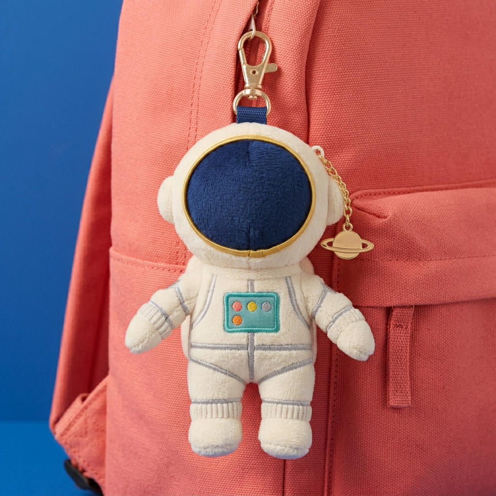 Ivory astronaut charm with teal chest panel on coral backpack
