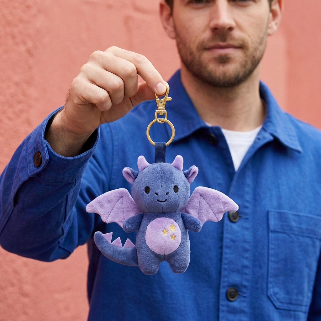 Male model holding Midnight Dragon with gold-tone clasp and three lavender tail spines
