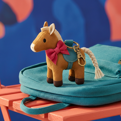 Ribbon Pony resting on teal canvas backpack