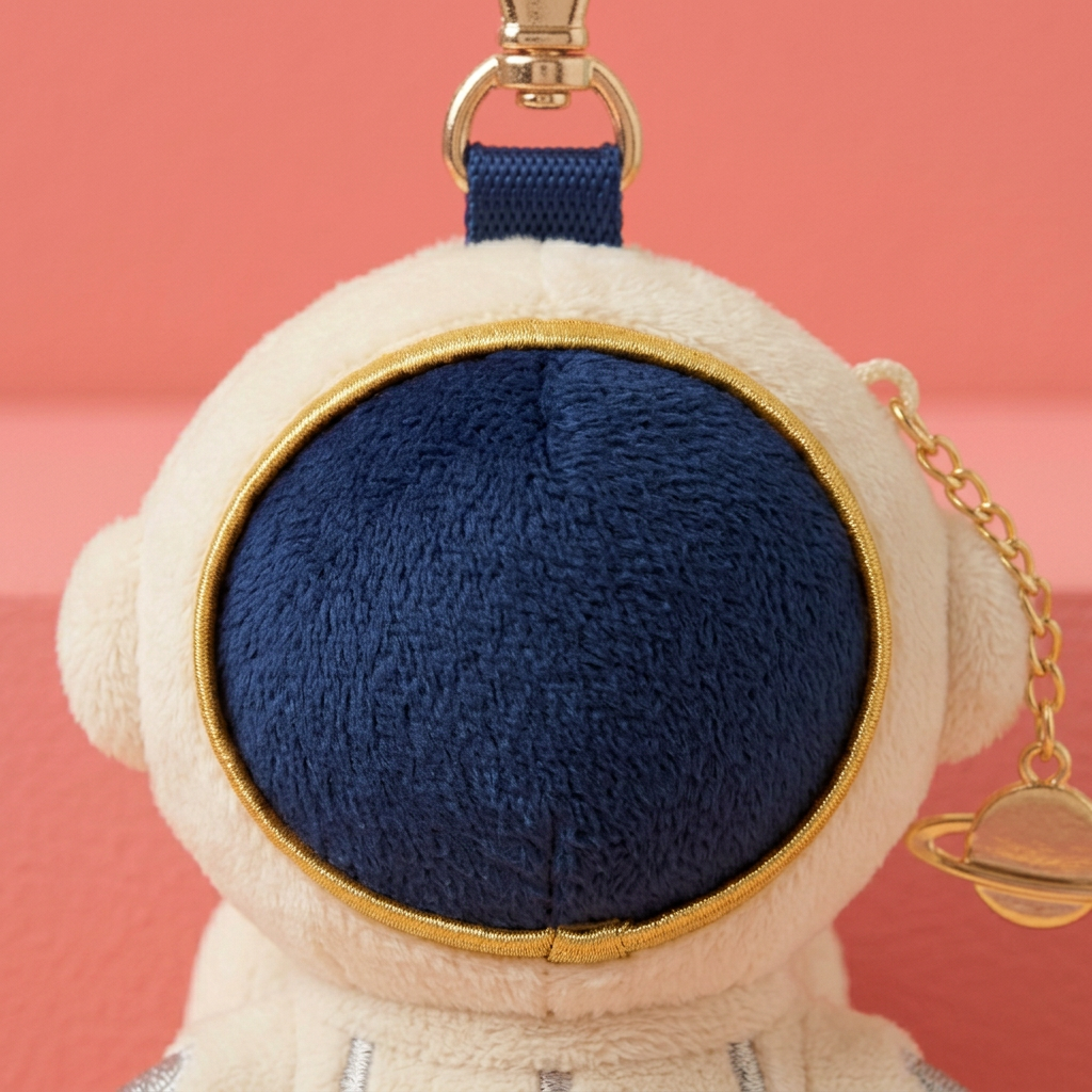 Close-up navy fabric visor gold rim and ivory astronaut helmet
