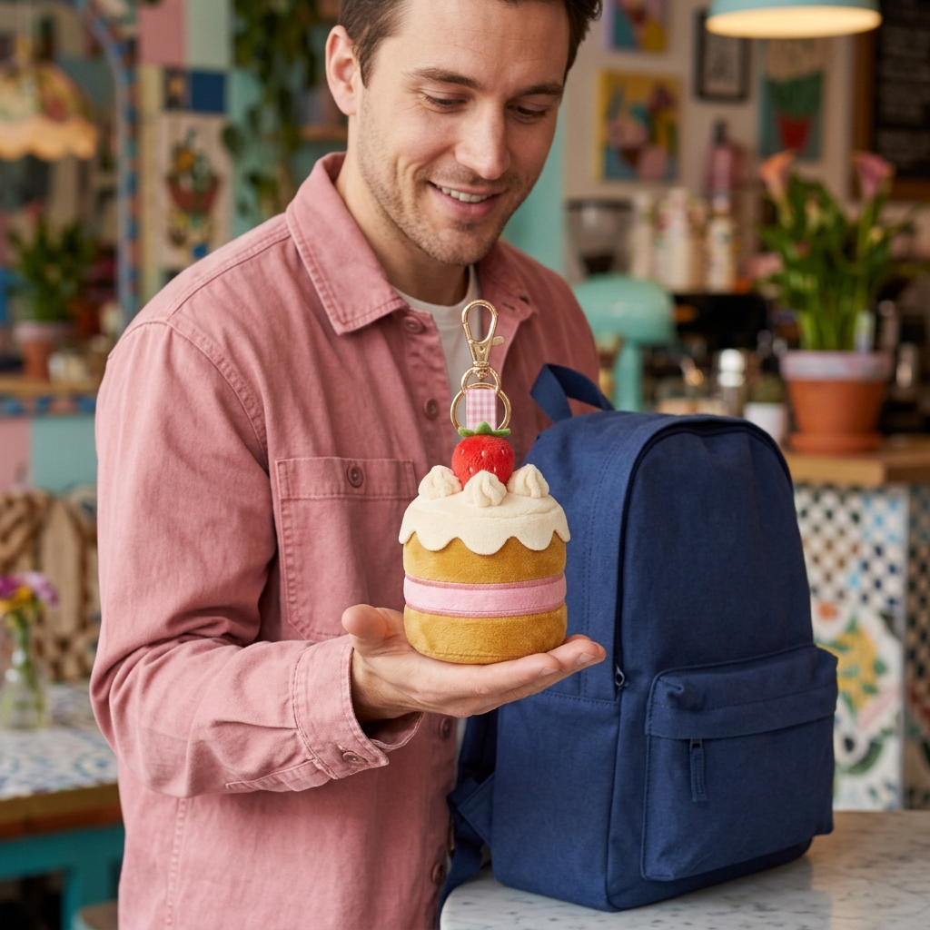 Male model holding Strawberry Cloud Cake beside navy backpack full clasp visible