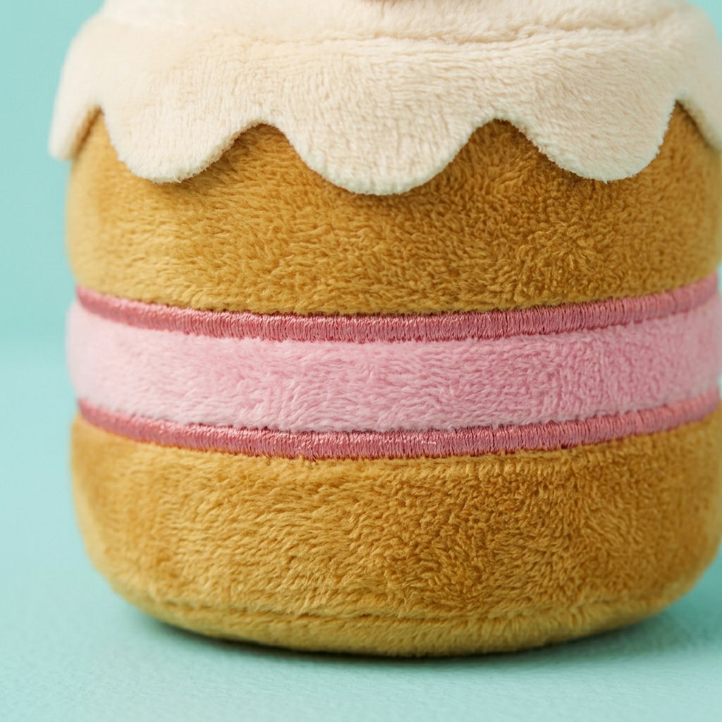 Golden plush layers pink filling stitching and scalloped cream detail